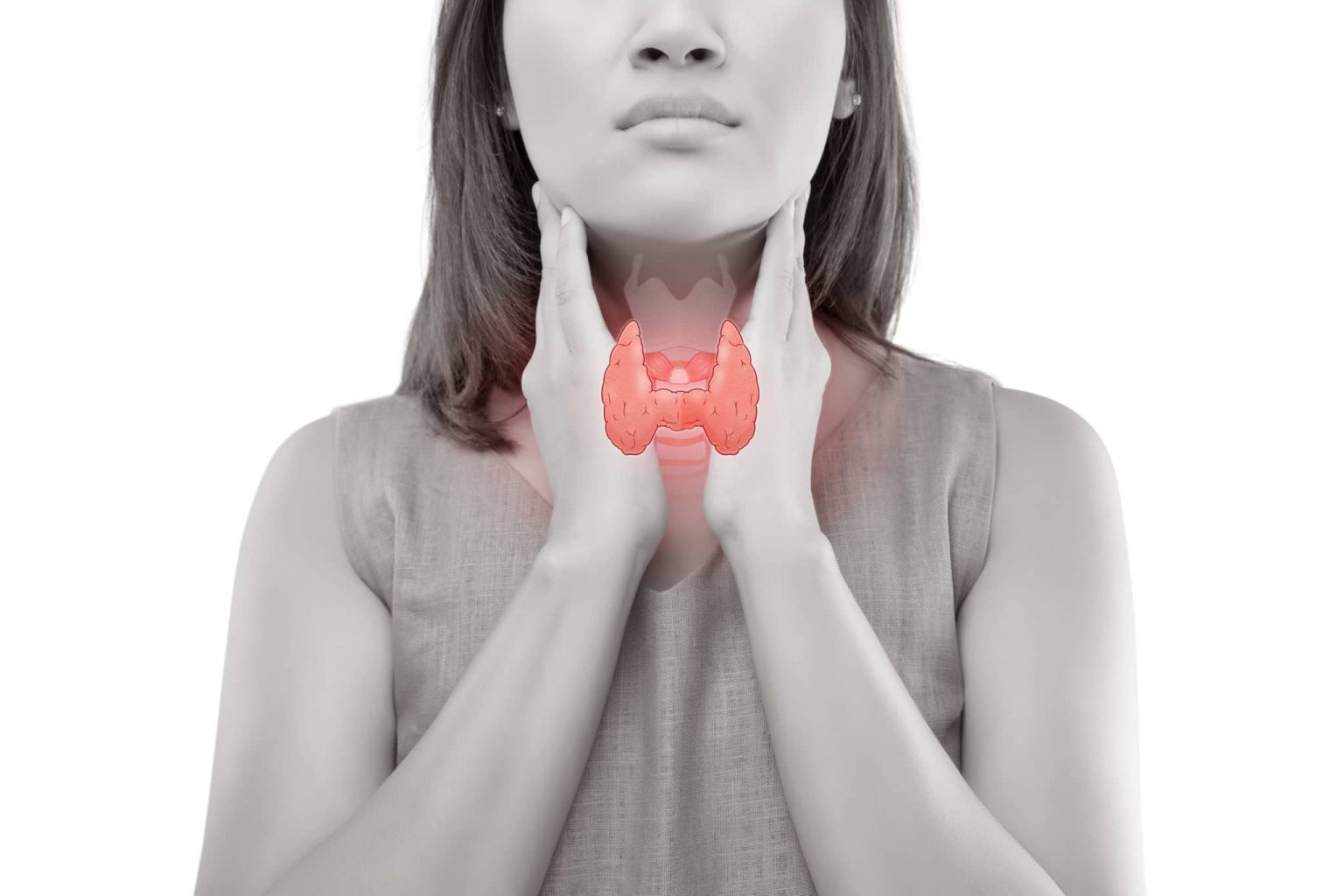 Thyroid-parathyroid Woman holding her throat with a diagram of a thyroid.